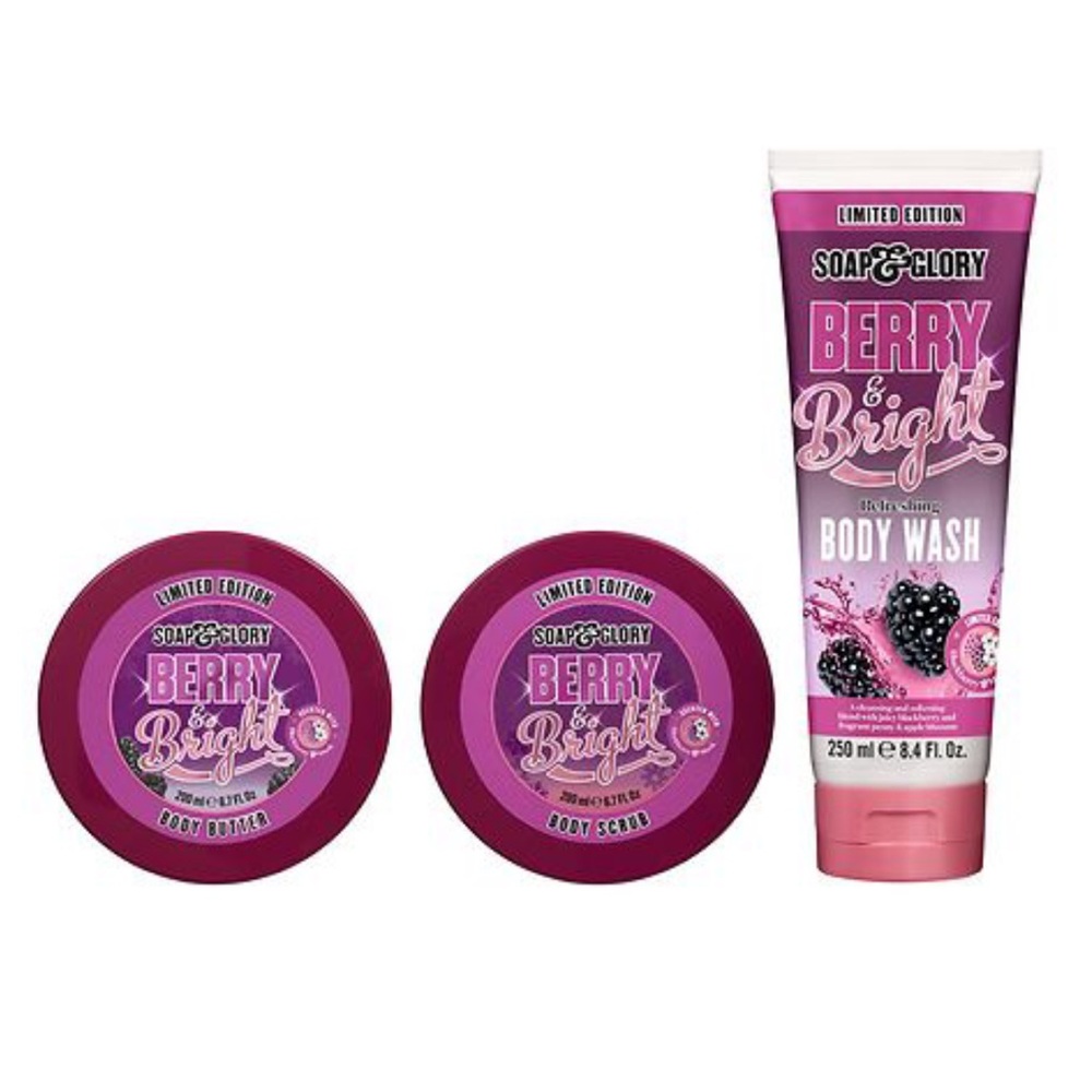 New Soap & Glory Limited Edition Berry & Bright Body Wash, Scrub & Butter Set